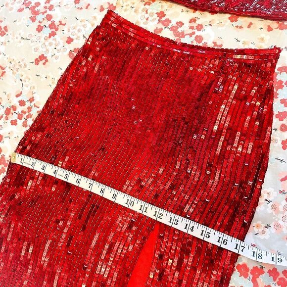 Sherri Hill Red Sequins 2-Piece Crop Top Skirt Gown Dress Slit Size 4 - 51662 - Picture 12 of 16
